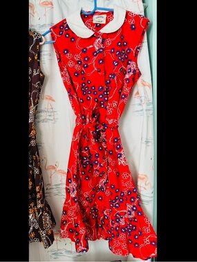 Vintage 60s Liberty Circle Red and Blue Floral Button Up Dress & Matching Belt